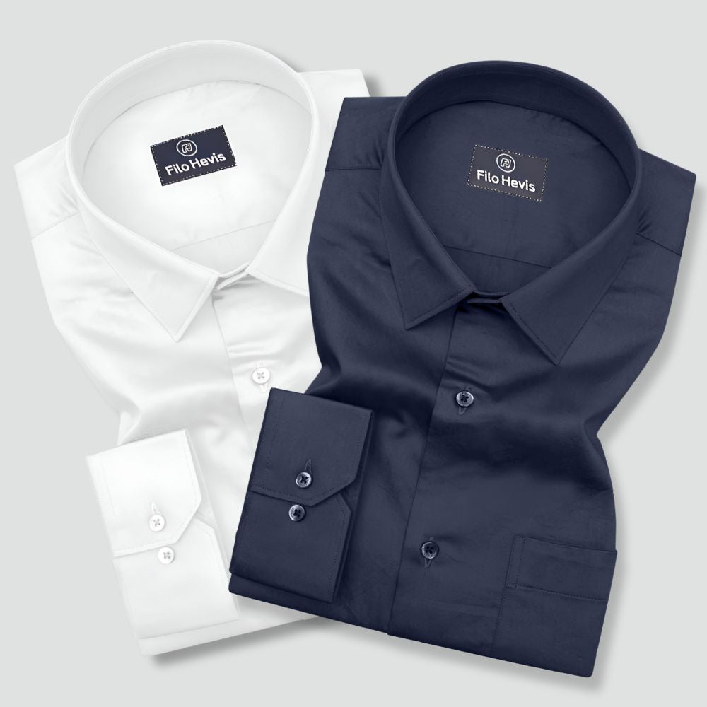 Combo of 2 Premium Cotton Formal Shirts – White & Navy Blue | Single Pocket | Smart Fit