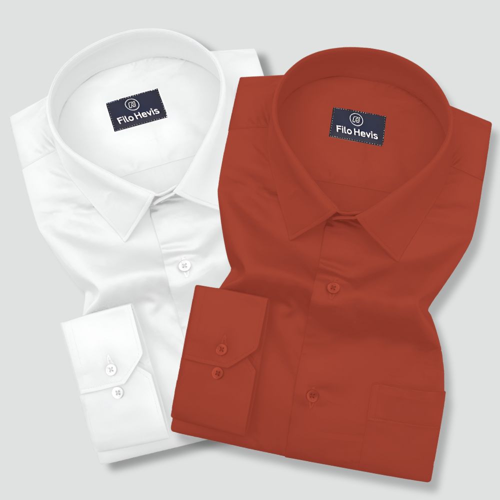 Combo of 2 Premium Cotton Formal Shirts – White & Orange | Single Pocket | Smart Fit