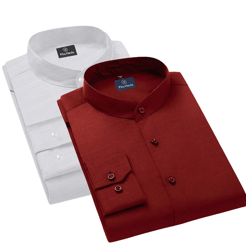 Pack of 2 | Men's Cotton-Linen Chinese Collar T-Neck Shirts |  White & Red Combo | Regular fit