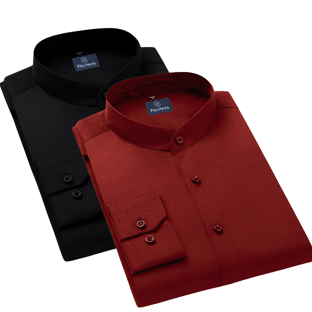 Pack of 2 | Men's Cotton-Linen Chinese Collar T-Neck Shirts |  Black & Red Combo | Regular fit