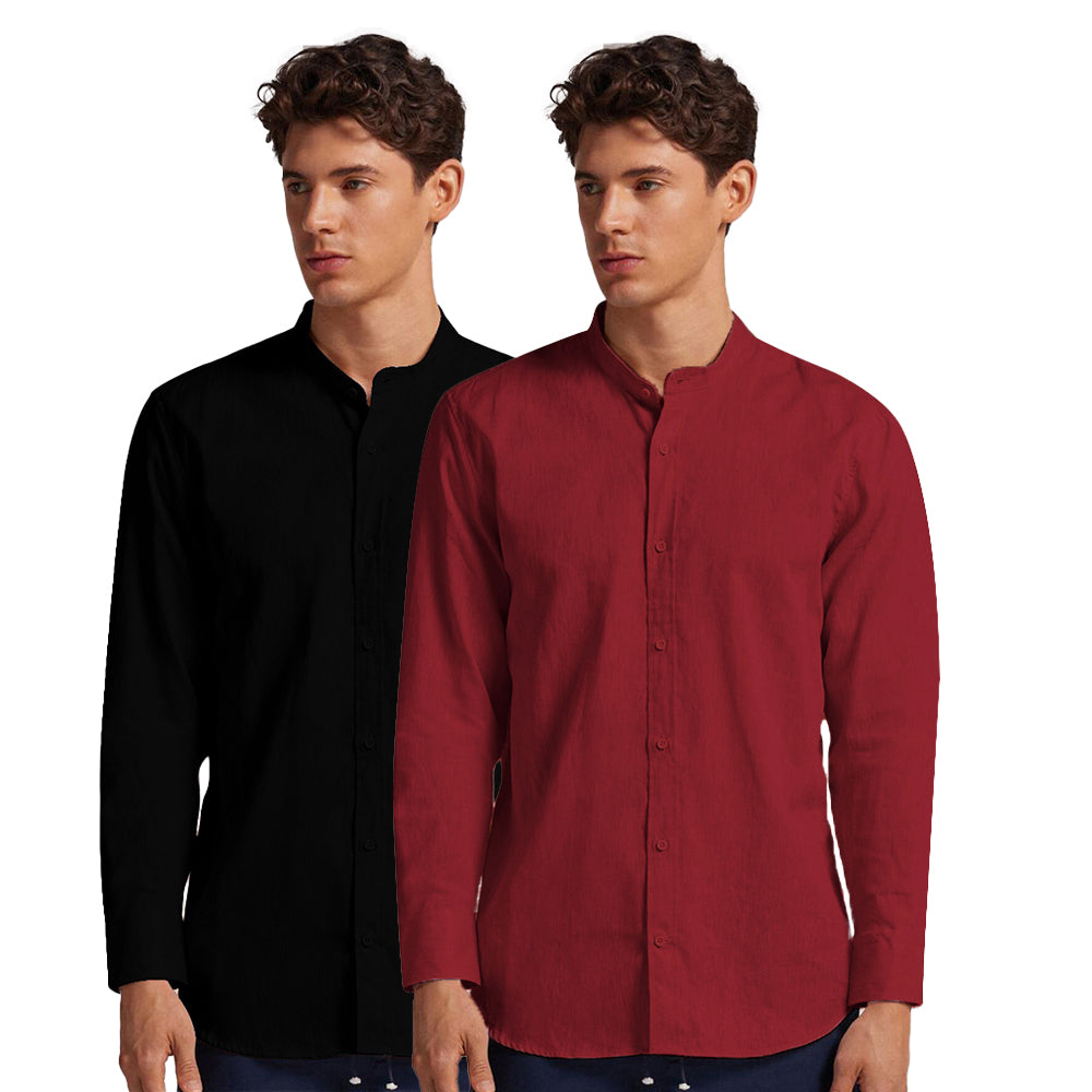 Pack of 2 | Men's Cotton-Linen Chinese Collar T-Neck Shirts |  Black & Red Combo | Regular fit