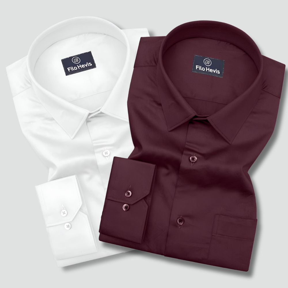 Combo of 2 Premium Cotton Formal Shirts – White & Wine | Single Pocket | Smart Fit