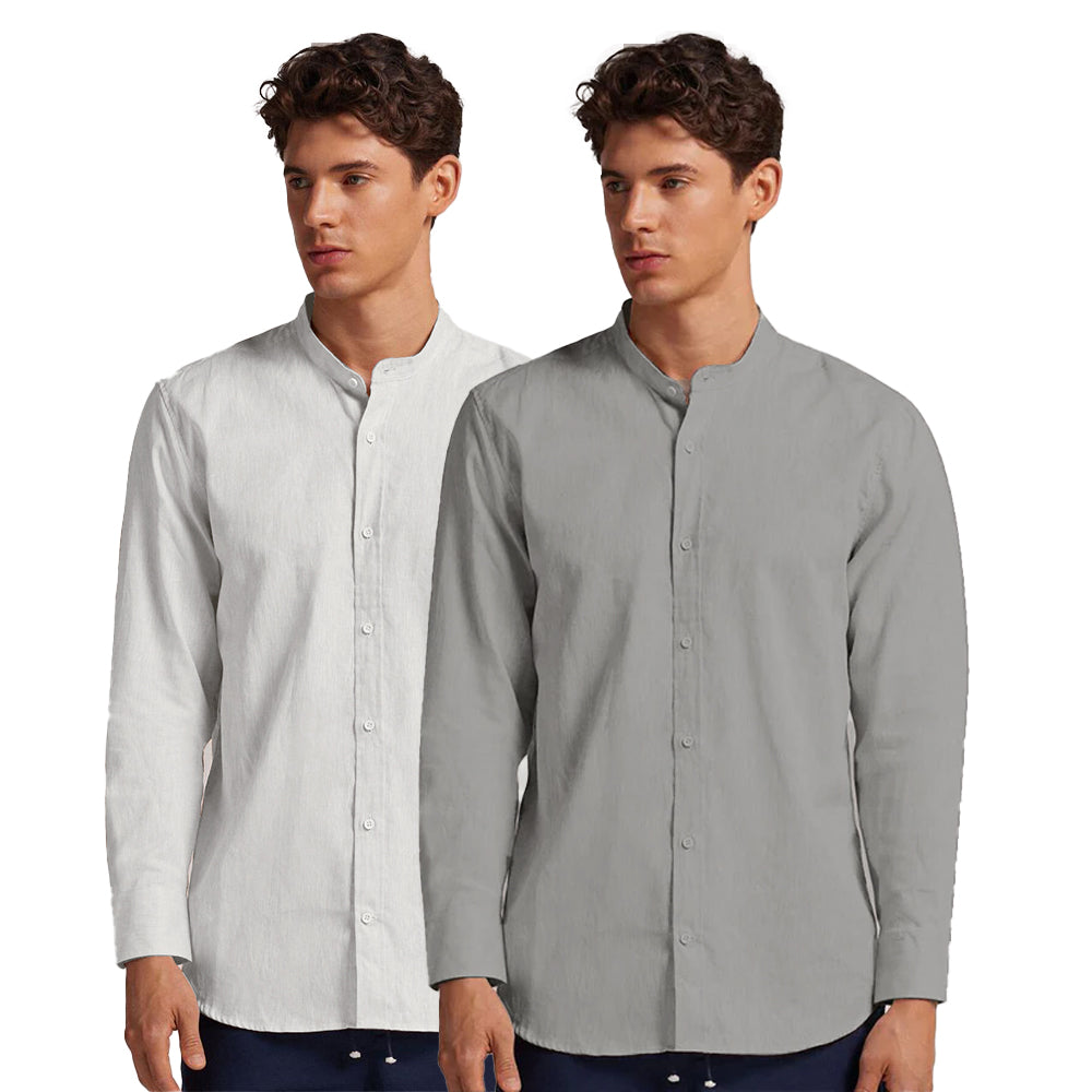 Pack of 2 | Men's Cotton-Linen Chinese Collar T-Neck Shirts |  White & Gray Combo | Regular fit