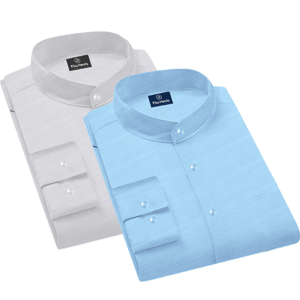 Pack of 2 | Men's Cotton-Linen Chinese Collar T-Neck Shirts |  White & Sky Combo | Regular fit