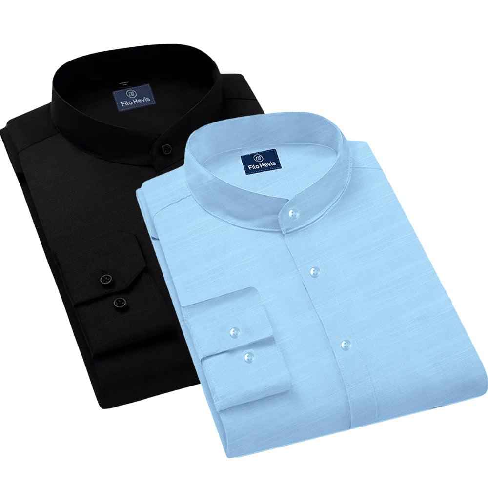 Pack of 2 | Men's Cotton-Linen Chinese Collar T-Neck Shirts |  Black & Sky Combo | Regular fit