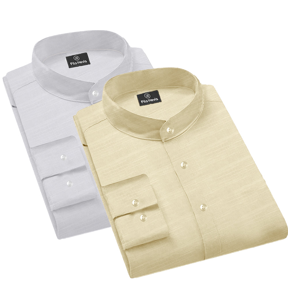 Pack of 2 | Men's Cotton-Linen Chinese Collar T-Neck Shirts |  White & Beige Combo | Regular fit