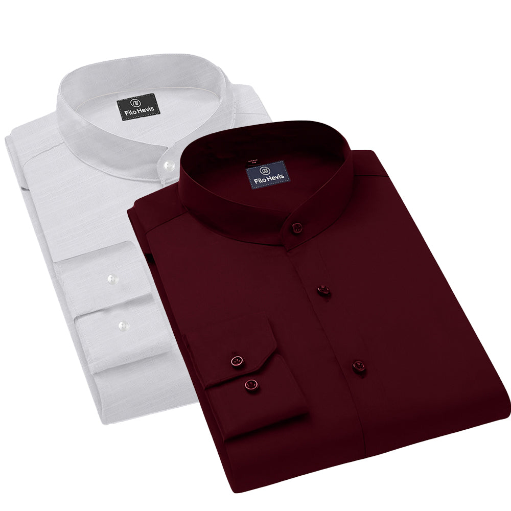 Pack of 2 | Men's Cotton-Linen Chinese Collar T-Neck Shirts |  White & Maroon Combo | Regular fit