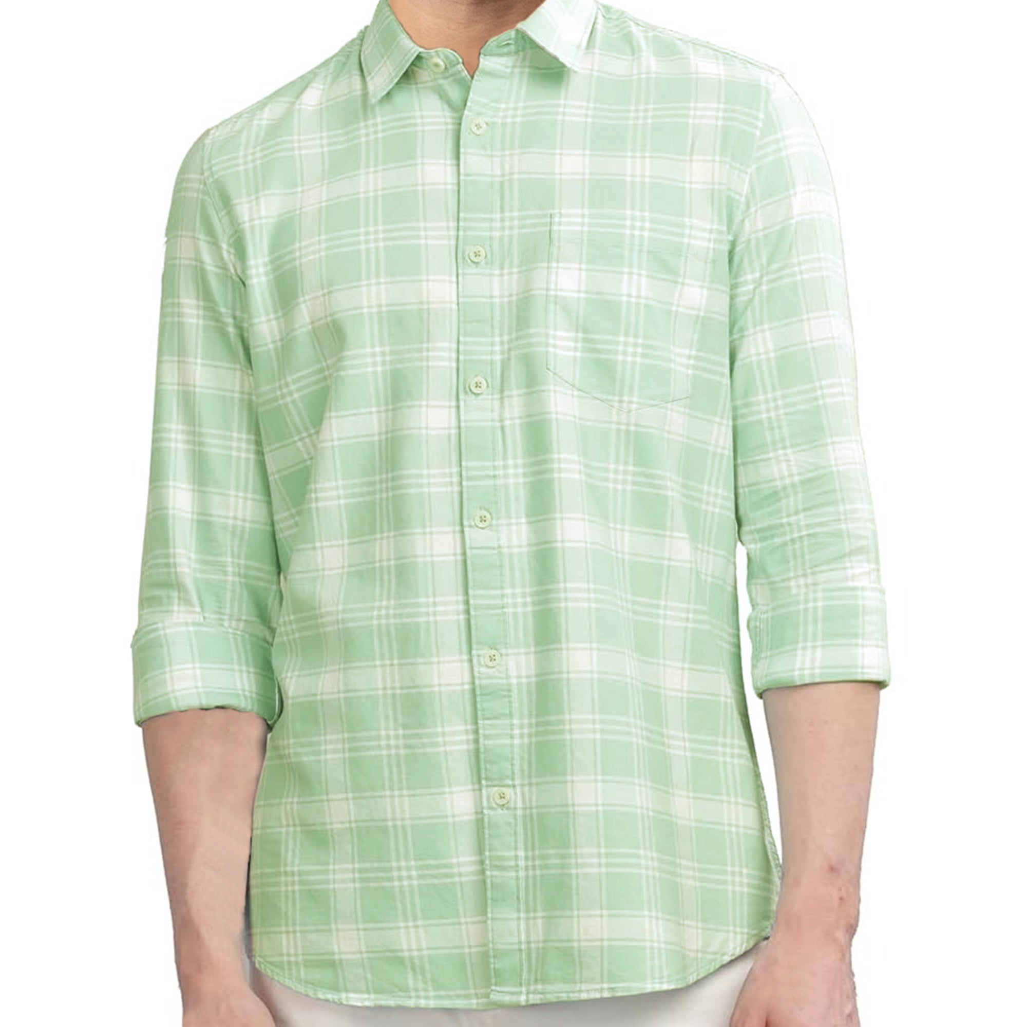 FORMAL COTTON CHECK SHIRTS FOR MEN - Light Green Plaid (Long Sleeve)