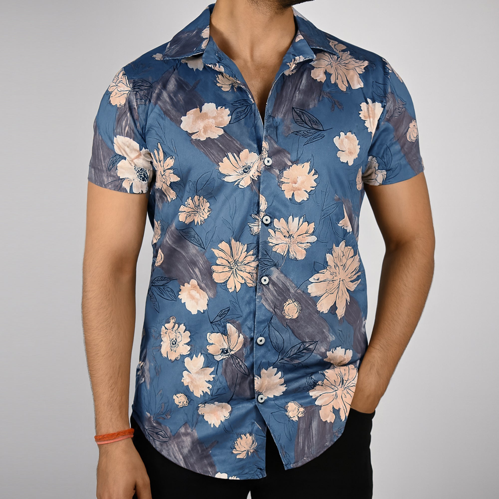 Men’s Floral Printed Slim Fit stretchable Shirt – Short Sleeve, Casual Wear-Blue