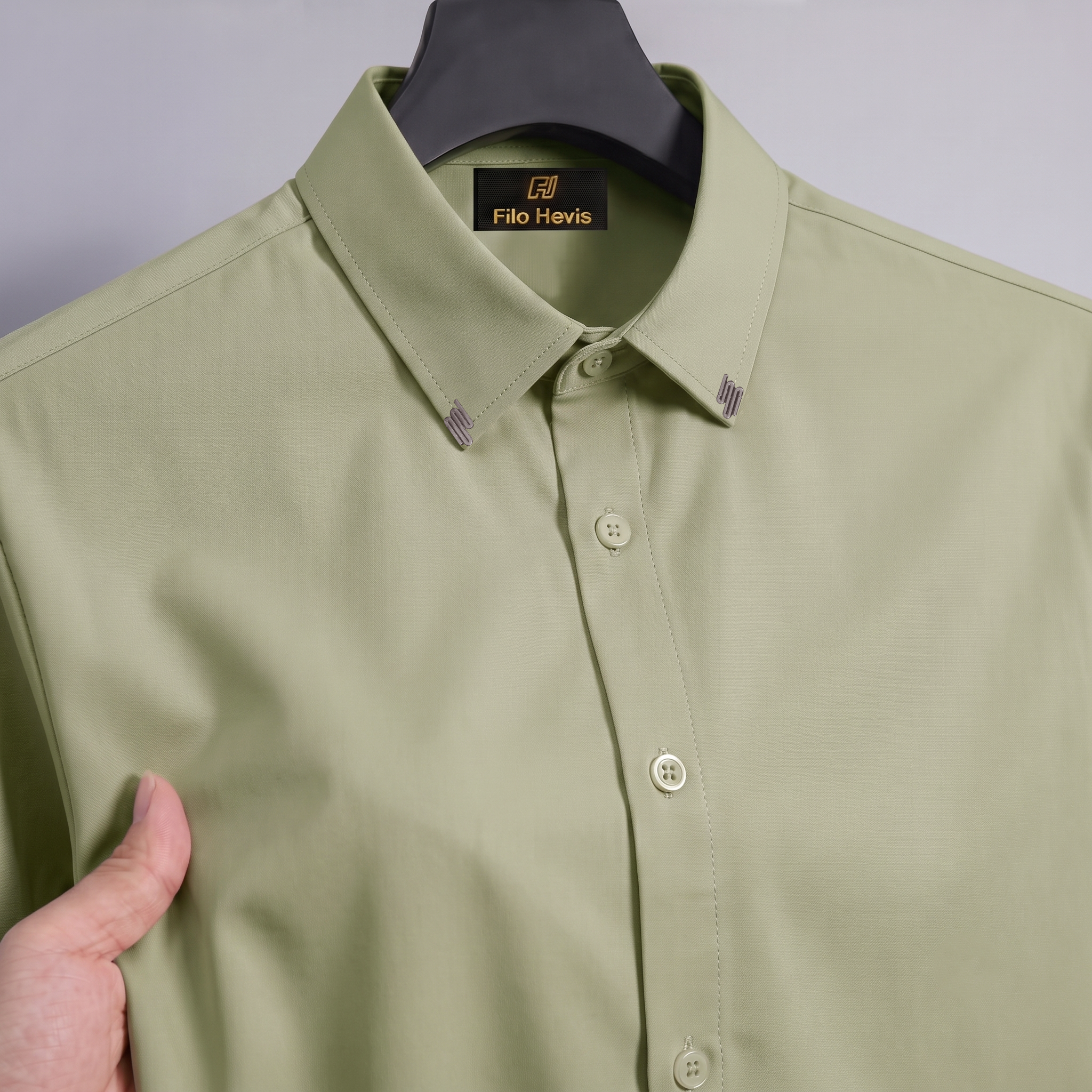 Men's Premium Stretch Formal Shirt with Silver Collar Pins | Wrinkle-Resistant | Party & Office Wear | Light-Greyish-Green