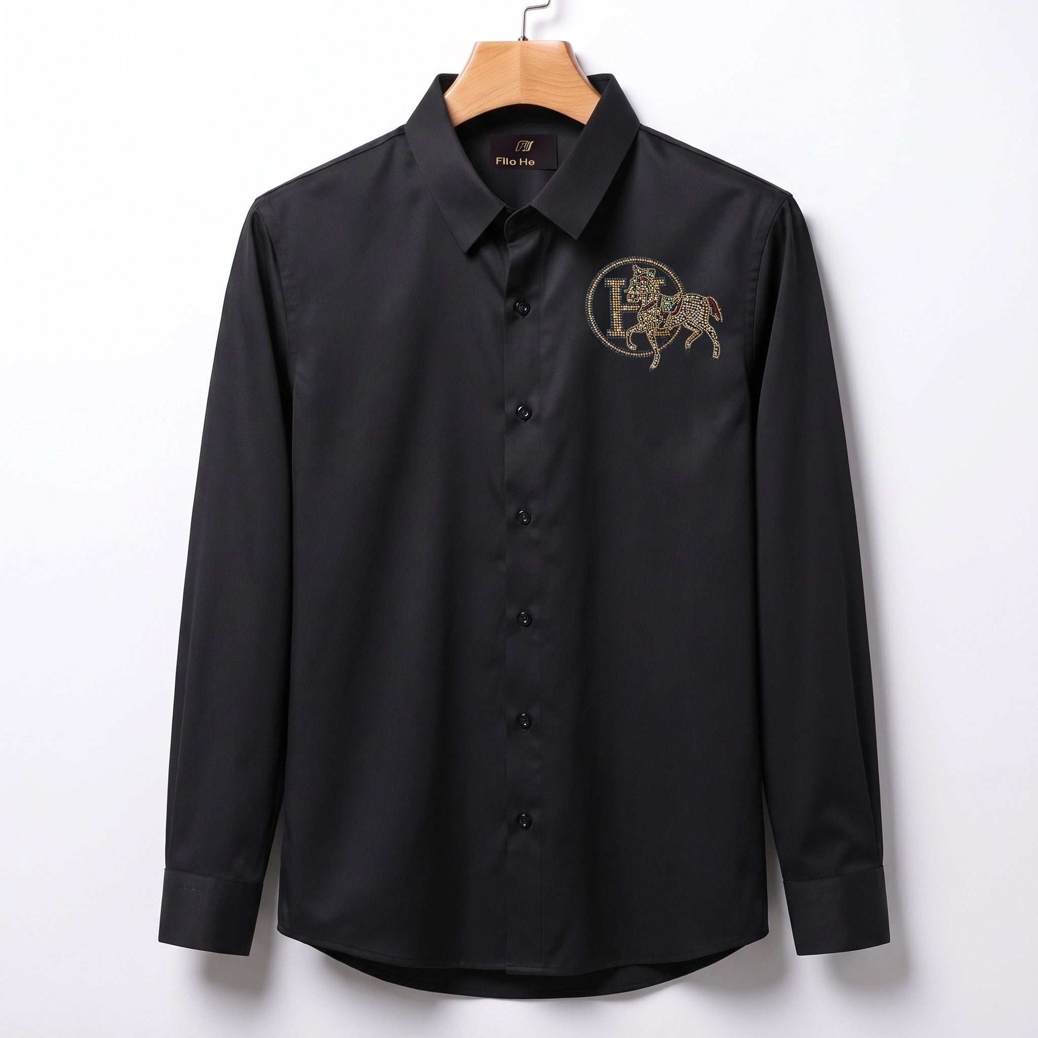 Front & Back Horse Embroidery Party Shirts | Club Wear | Black
