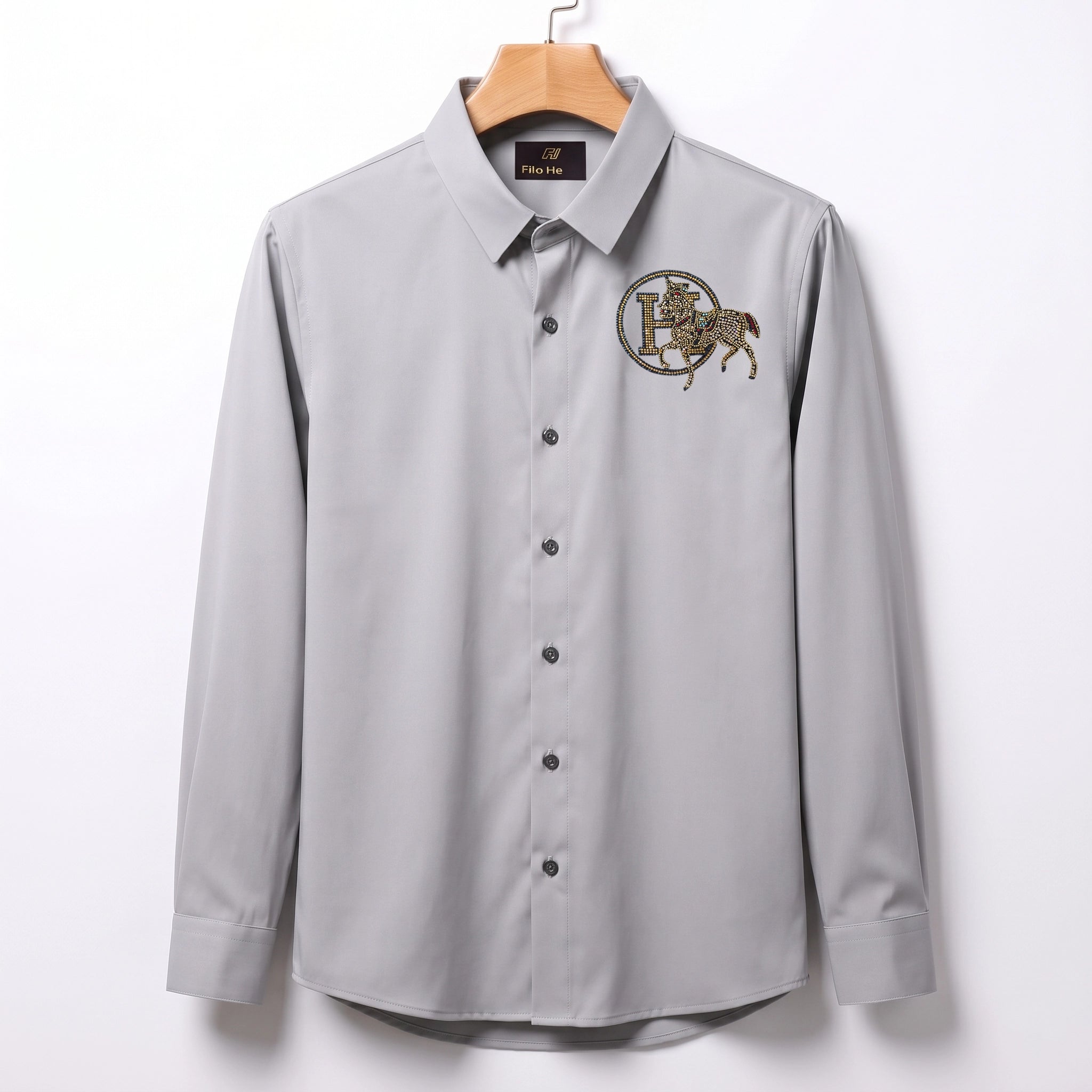 Front & Back Horse Embroidery Party Shirts | Club Wear | Light Grey