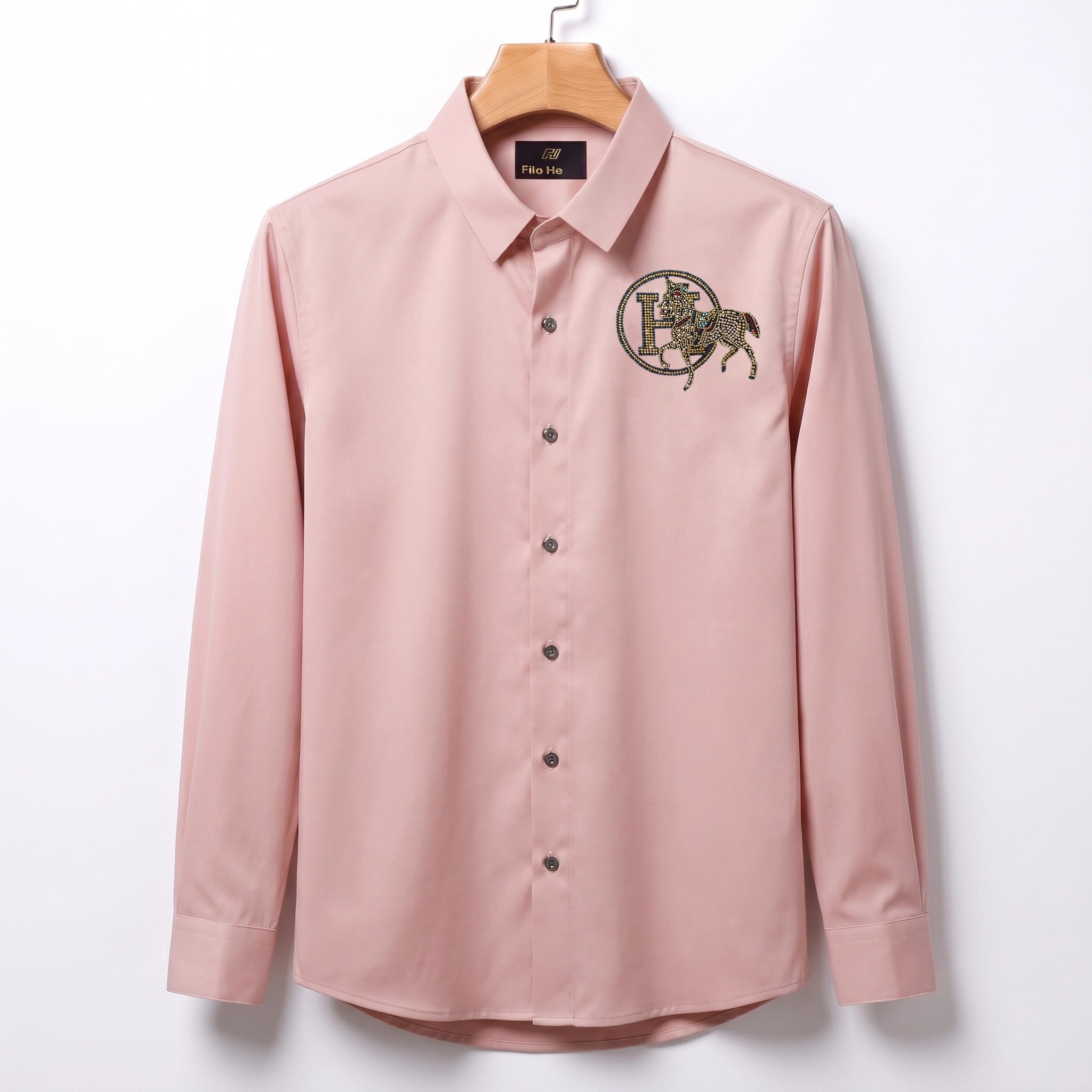 Front & Back Horse Embroidery Party Shirts | Club Wear | Peach