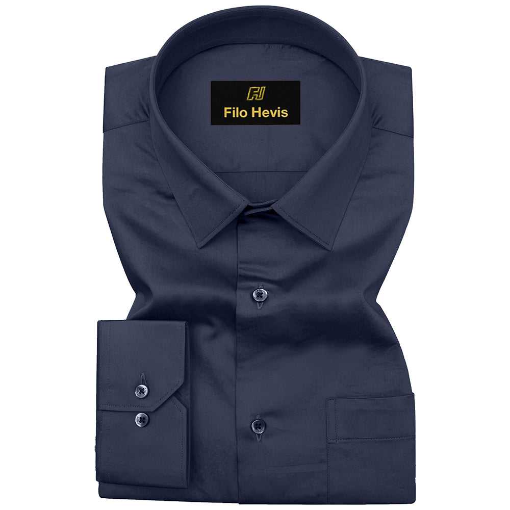 PLATINUM COTTON SATIN FORMAL SHIRT FOR MEN (Single Pocket)-Navy Blue