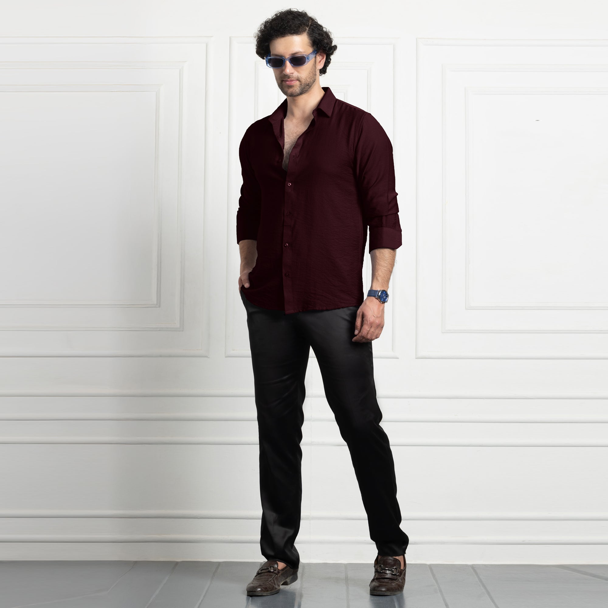 Men Iron Free Casual (Synthetic Linen) Shirt-Dark Maroon