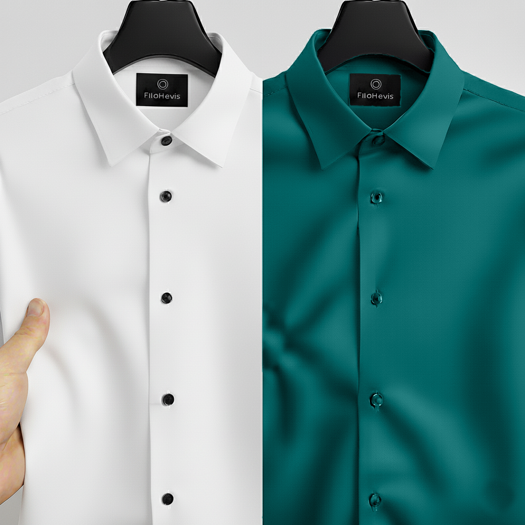Combo of 2 Men's Satin Lycra formal Full Sleeve Shirt White & Cyan