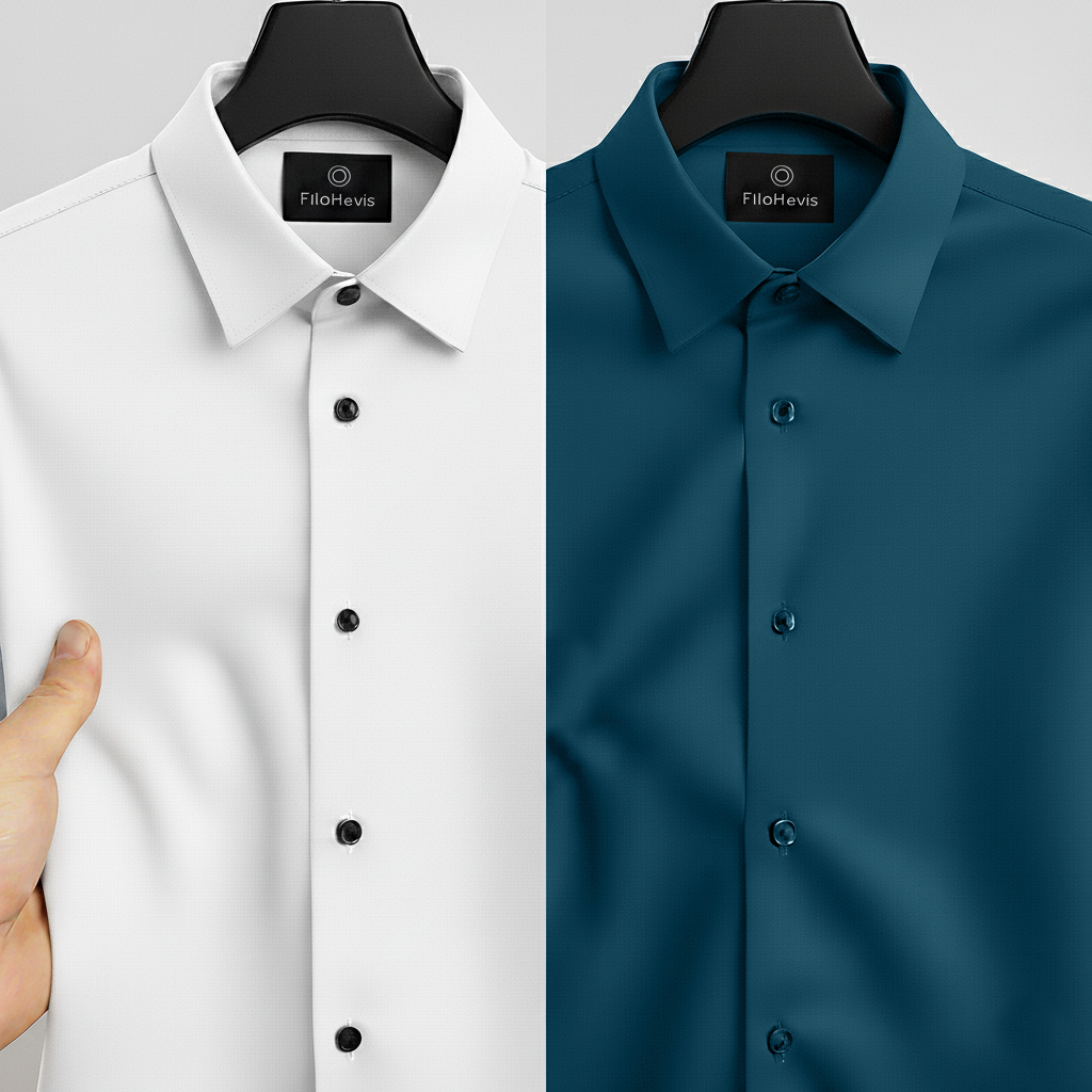 Combo of 2 Men's Satin Lycra formal Full Sleeve Shirt White & Teal Blue